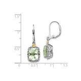 14k Two-Tone Yellow Gold Dangle Earrings with Prasiolite, Vintage Filigree Leverback Design