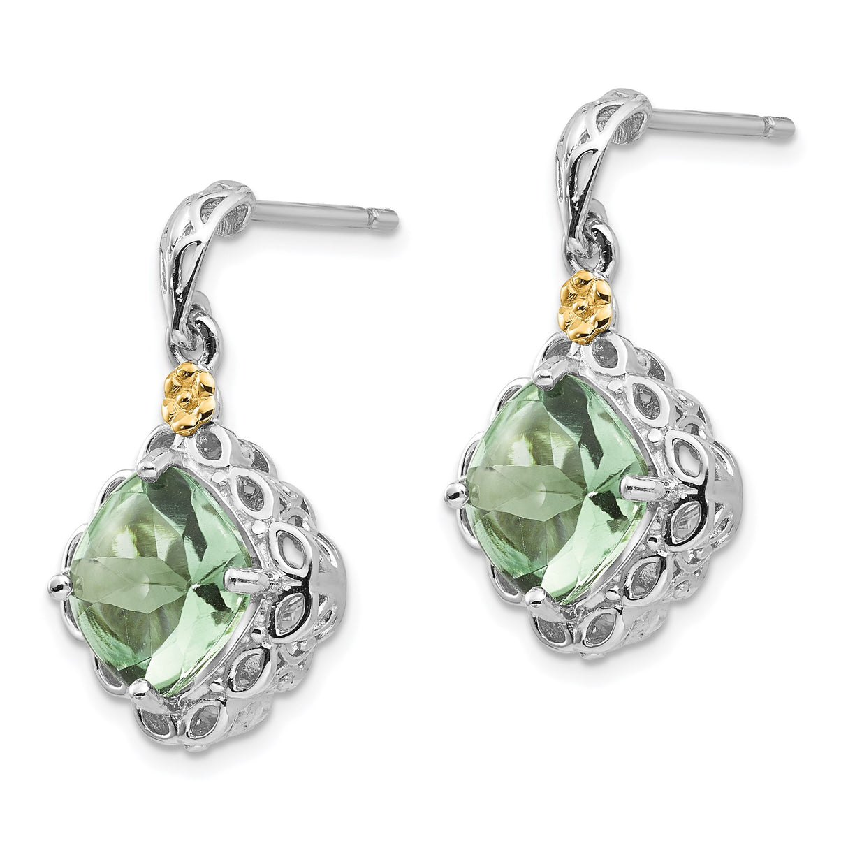 14k Yellow Gold Dangle Earrings with Prasiolite, Two-Tone Filigree Floral Vintage Style