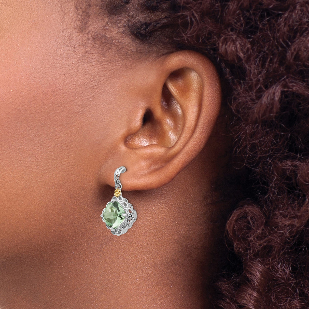 14k Yellow Gold Dangle Earrings with Prasiolite, Two-Tone Filigree Floral Vintage Style