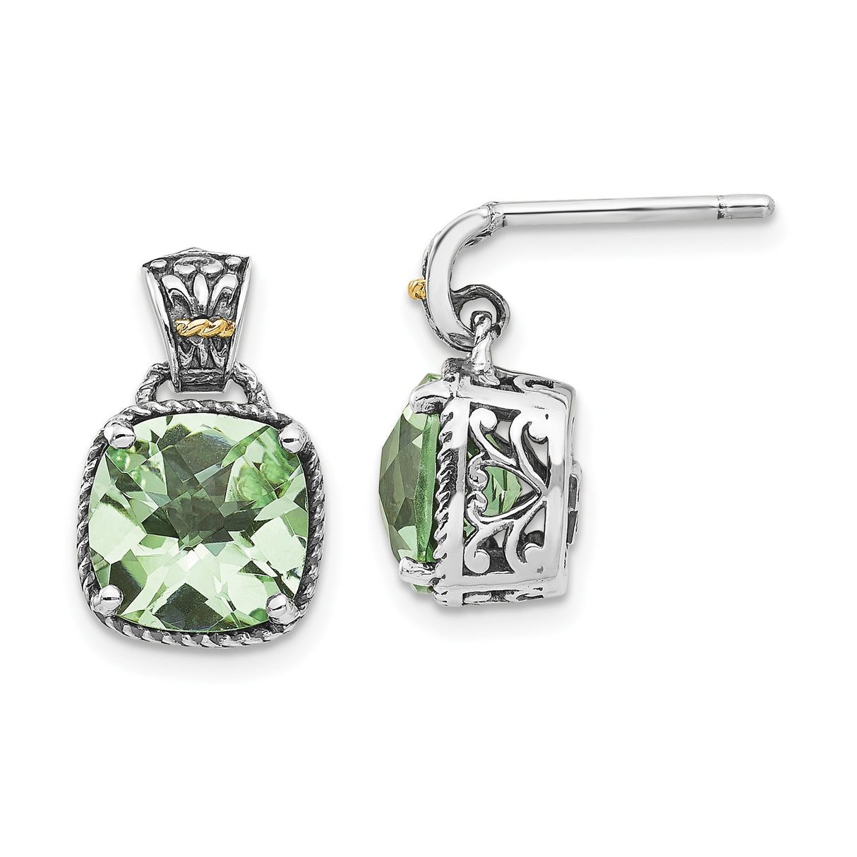 14k Yellow Gold and Sterling Silver Dangle Earrings with Prasiolite, Filigree and Rope Accents