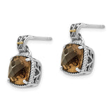 14k Two-Tone Yellow Gold Dangle Earrings with Cushion Cut Smoky Quartz, Vintage Twisted Rope Design