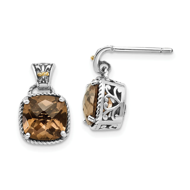14k Yellow Gold and Sterling Silver Dangle Earrings with Cushion Cut Smoky Quartz, Vintage Twisted Rope Design