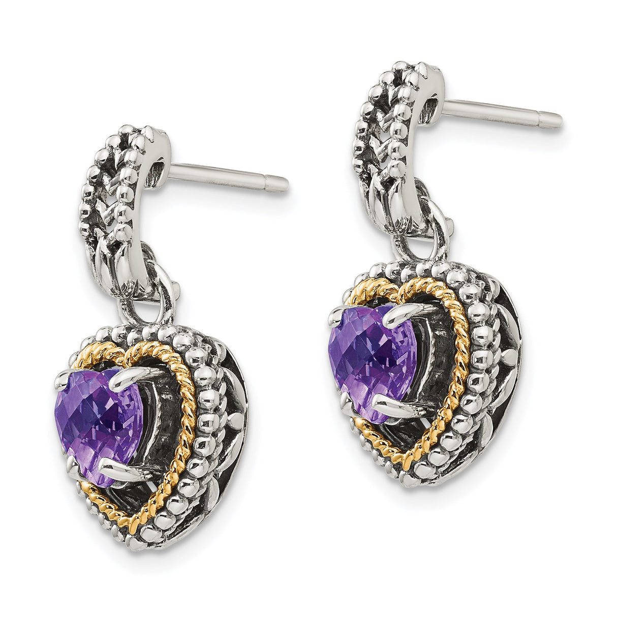 14k Yellow Gold and Sterling Silver Heart Dangle Earrings with Amethyst, Rope and Beaded Design
