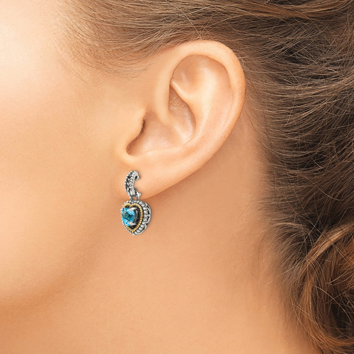 14k Yellow Gold Drop Earrings with Swiss Blue Topaz, Two-Tone Heart Design with Rope Detail