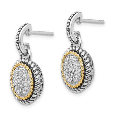 14k Yellow Gold Sterling Silver Dangle Earrings with Diamond, Twisted Rope Detail, Vintage Style