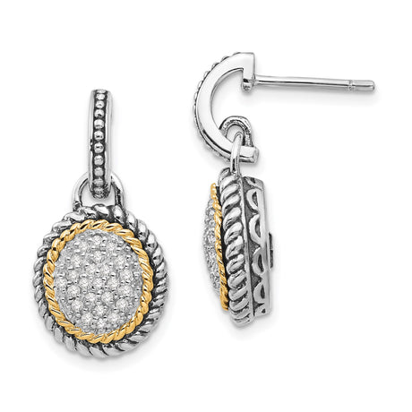 14k Yellow Gold Sterling Silver Dangle Earrings with Diamond, Twisted Rope Detail, Vintage Style