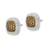 Two-Tone Cushion Stud Earrings 14K Gold Silver Brown Gems