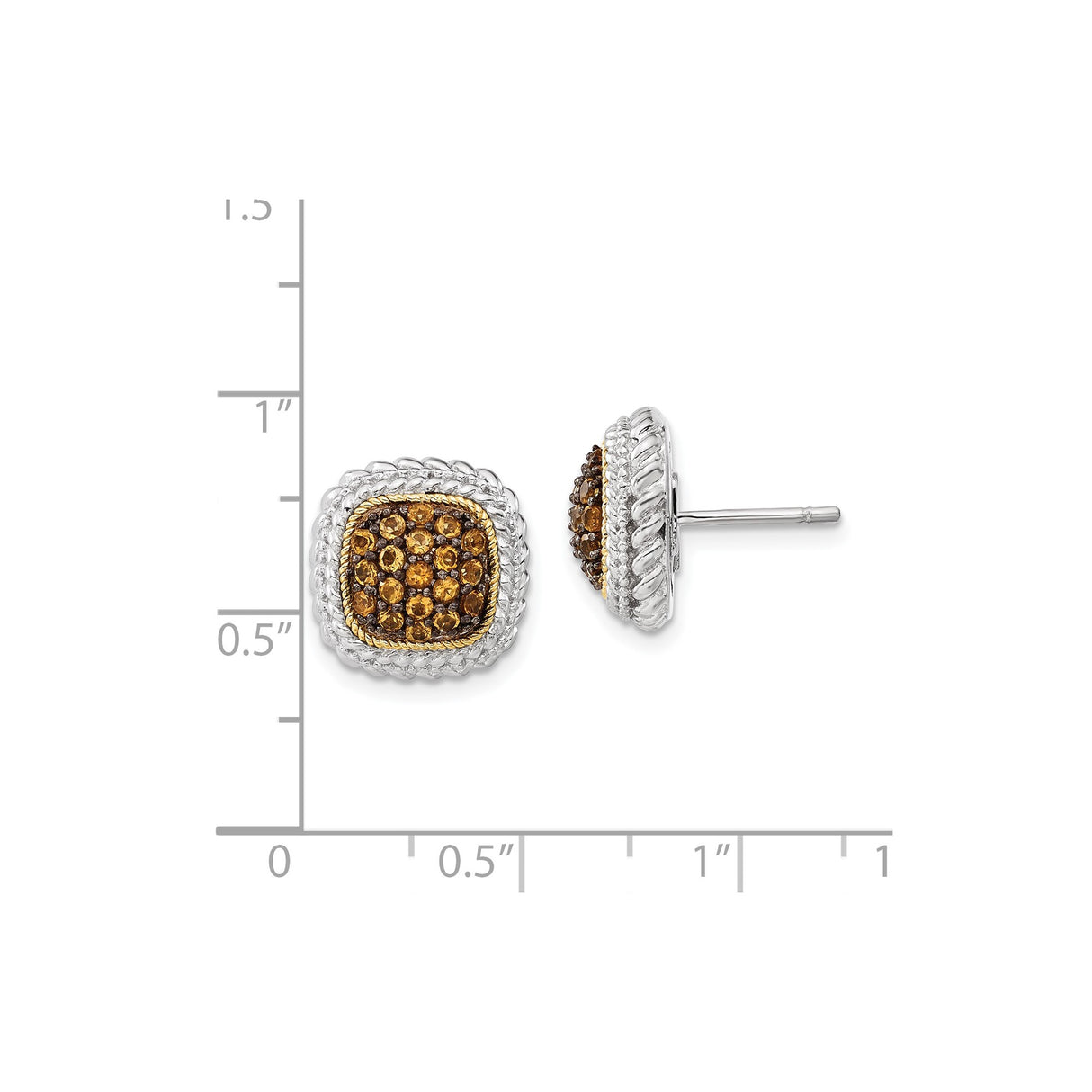 Two-Tone Cushion Stud Earrings 14K Gold Silver Brown Gems