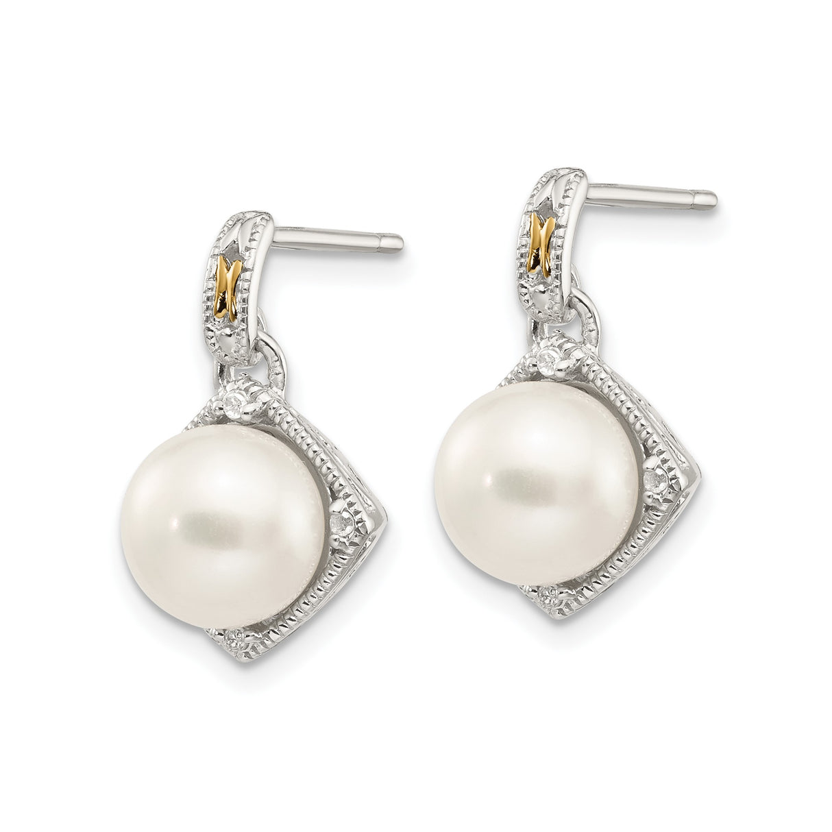 14k Yellow Gold Drop Earrings with White Cultured Pearls and Diamond Accents, Vintage Style