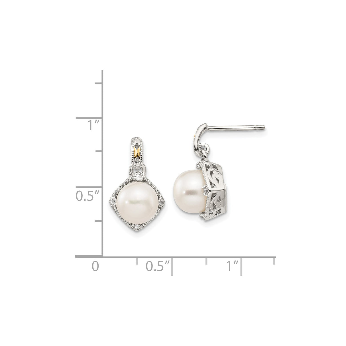 14k Yellow Gold Drop Earrings with White Cultured Pearls and Diamond Accents, Vintage Style