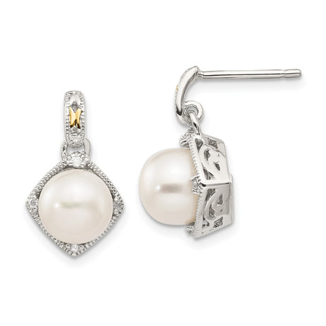 14k Yellow Gold Drop Earrings with White Cultured Pearls and Diamond Accents, Vintage Style