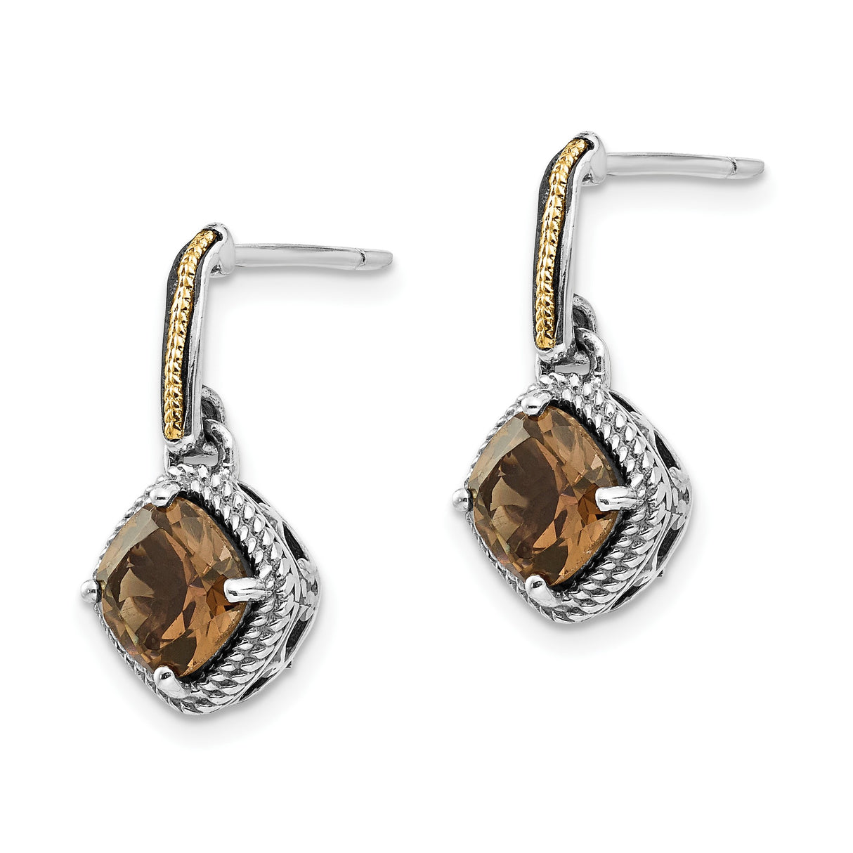 14k Yellow Gold Dangle Earrings with Smoky Quartz, Rope Bezel Setting and Filigree Detail