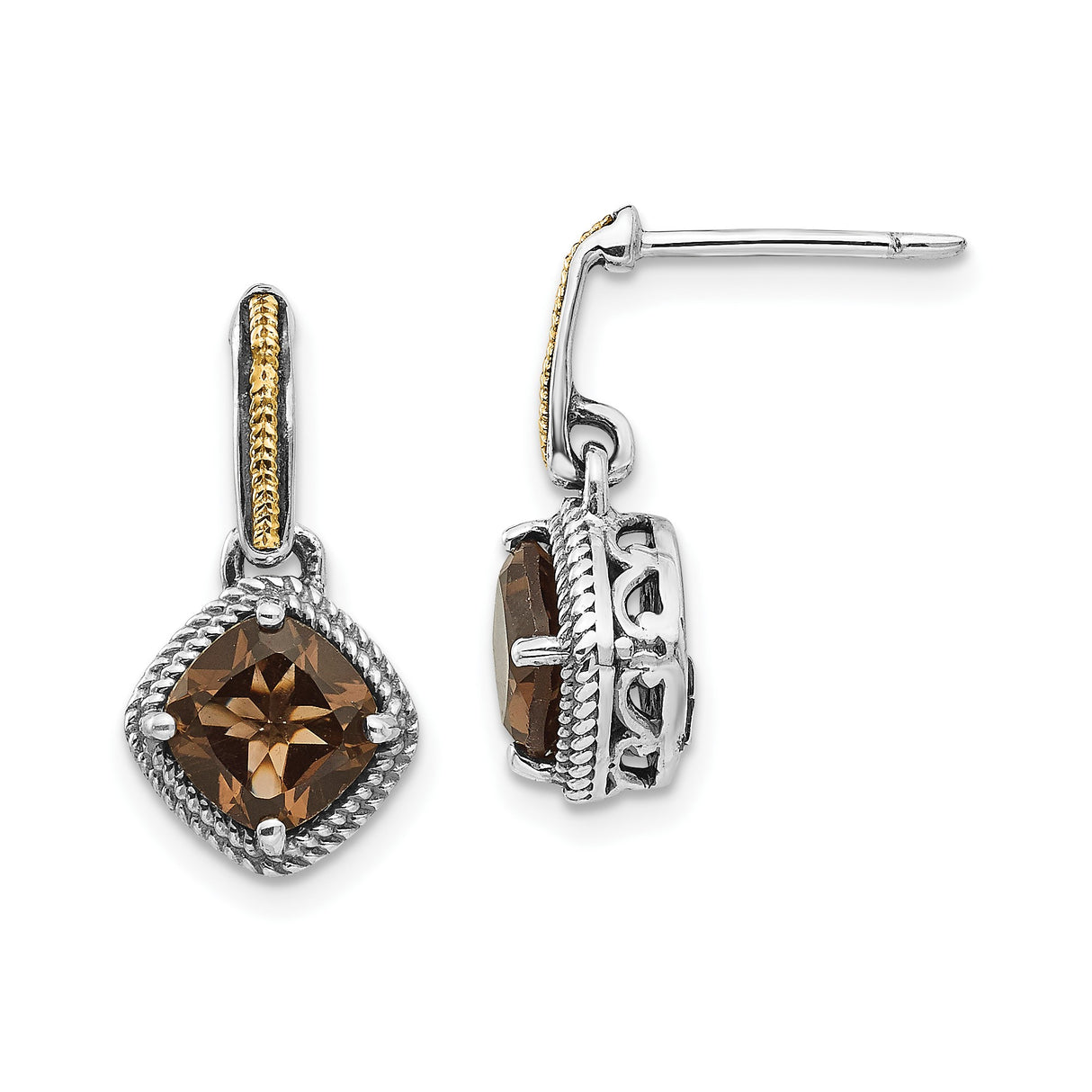 14k Yellow Gold Dangle Earrings with Smoky Quartz, Rope Bezel Setting and Filigree Detail