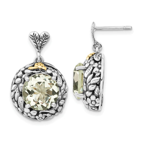 14k Yellow Gold and Sterling Silver Earrings with Prasiolite, Leaf and Vine Motif, Bee Accent