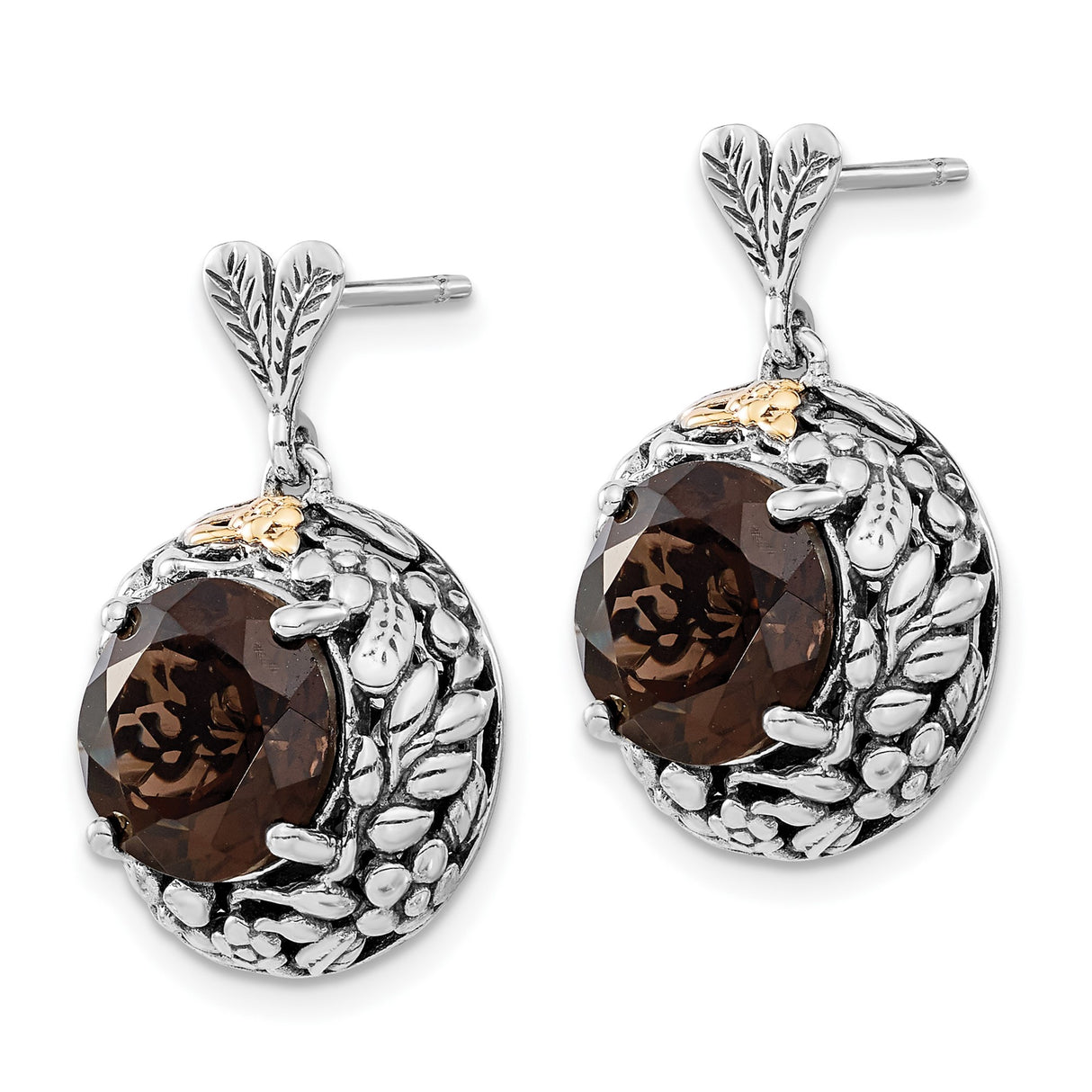 14k Two-Tone Yellow Gold Earrings with Smoky Quartz, Leaf and Vine Motif