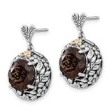 14k Two-Tone Yellow Gold Earrings with Smoky Quartz, Leaf and Vine Motif