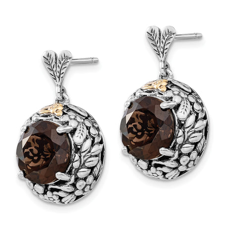 14k Two-Tone Yellow Gold Earrings with Smoky Quartz, Leaf and Vine Motif