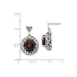 14k Two-Tone Yellow Gold Earrings with Smoky Quartz, Leaf and Vine Motif