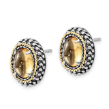 14k Yellow Gold and Sterling Silver Stud Earrings with Citrine, Rope and Dot Border Design