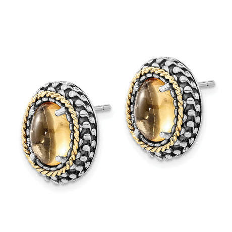 14k Yellow Gold and Sterling Silver Stud Earrings with Citrine, Rope and Dot Border Design