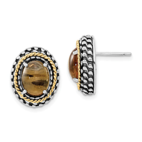 14k Yellow Gold and Sterling Silver Stud Earrings with Citrine, Rope and Dot Border Design