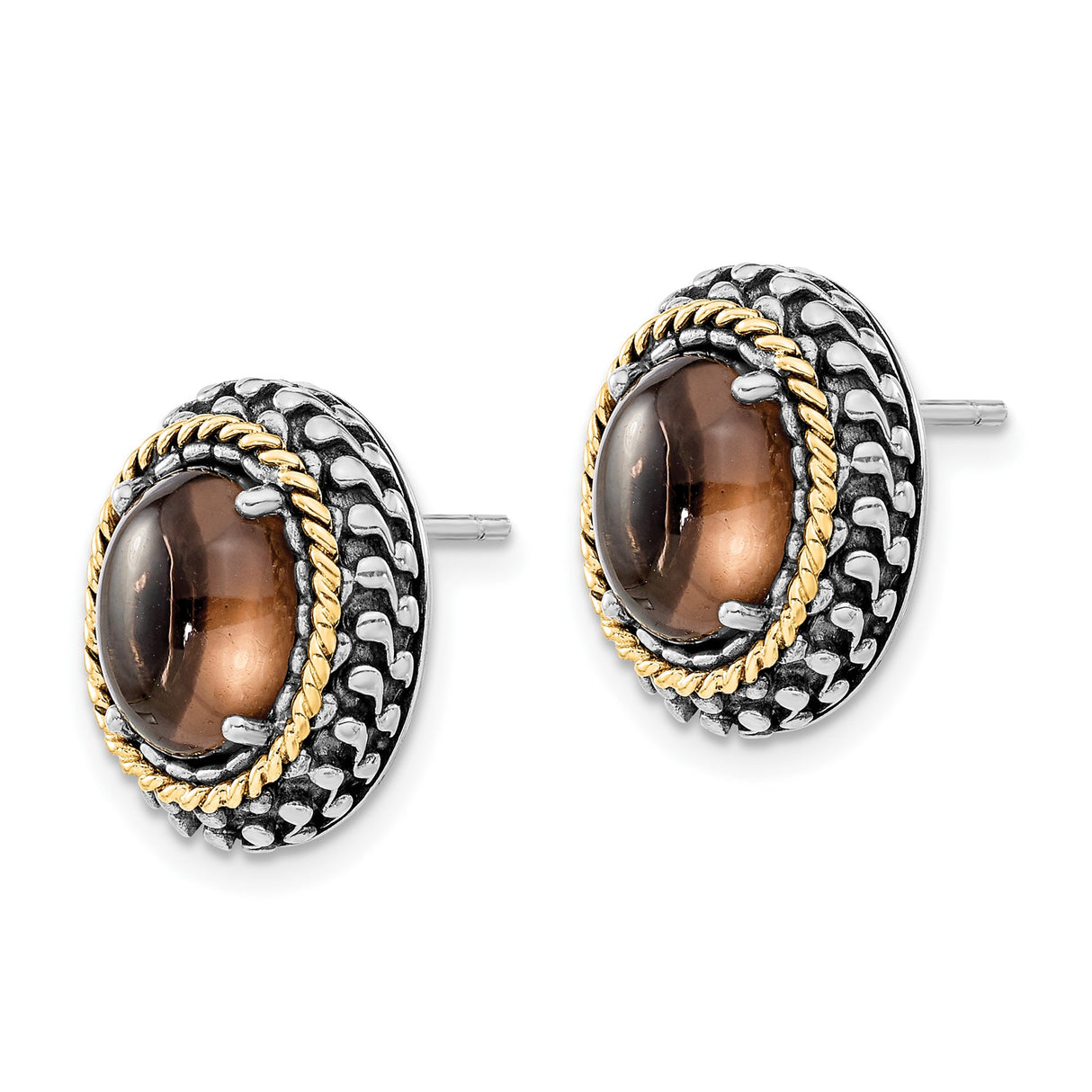 14k Two-Tone Yellow Gold Oval Stud Earrings with Smoky Quartz, Vintage Rope Detail