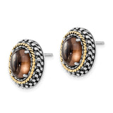 14k Two-Tone Yellow Gold Oval Stud Earrings with Smoky Quartz, Vintage Rope Detail