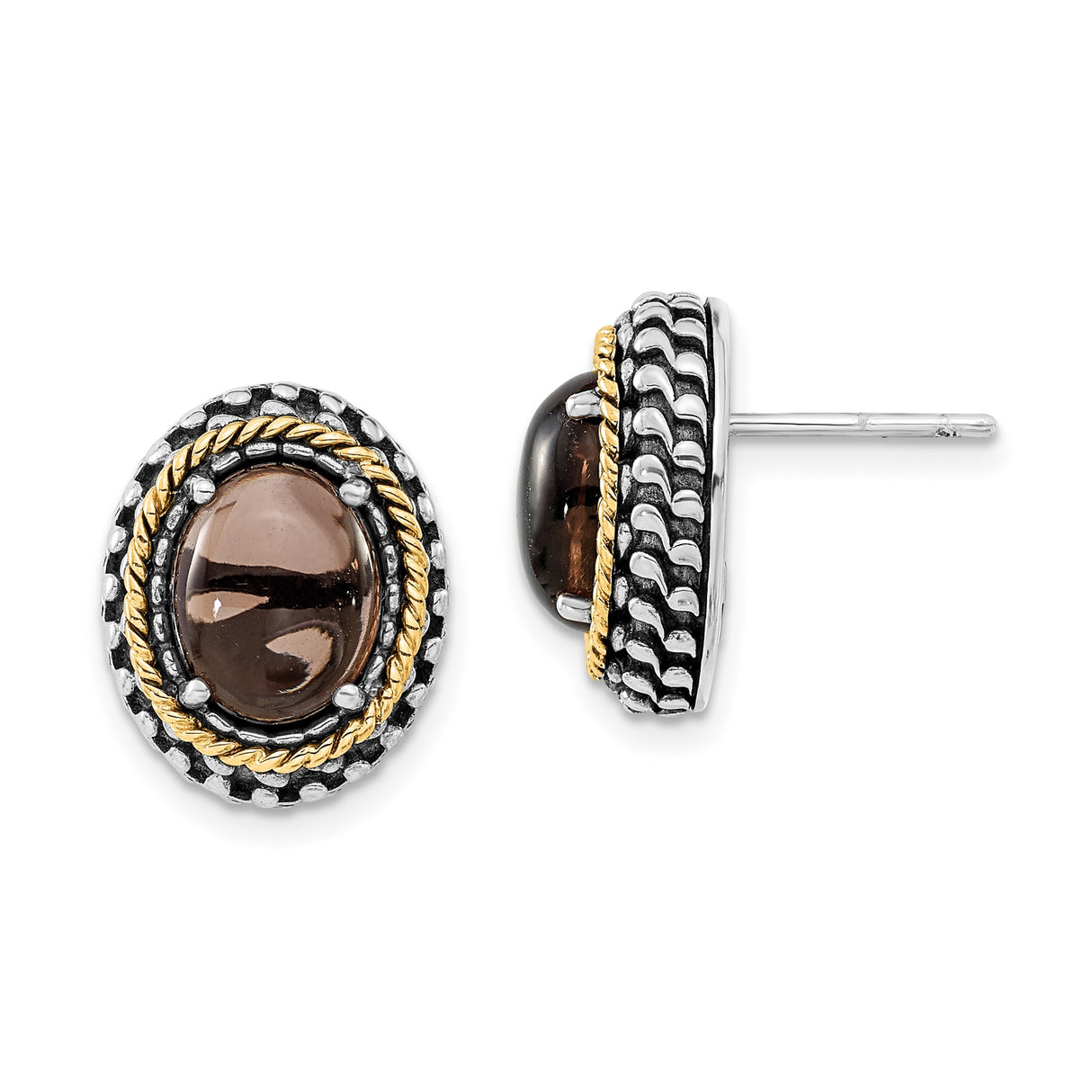 14k Yellow Gold and Sterling Silver Oval Stud Earrings with Smoky Quartz, Vintage Rope Detail