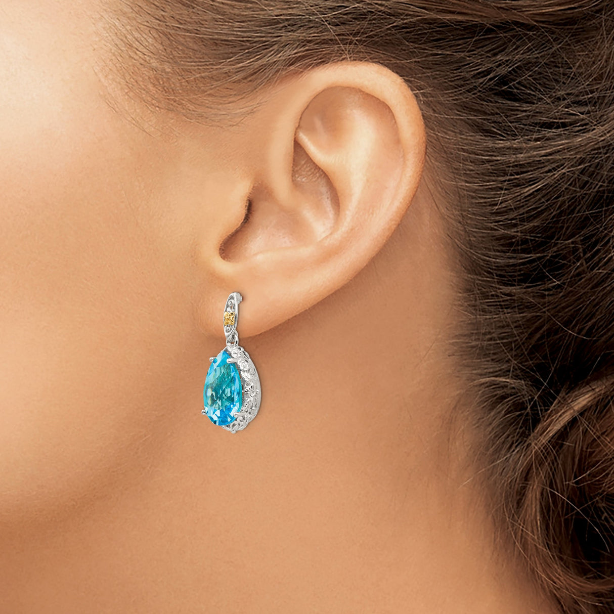 14k Yellow Gold Drop Earrings with Swiss Blue Topaz, Two-Tone Filigree Floral Design