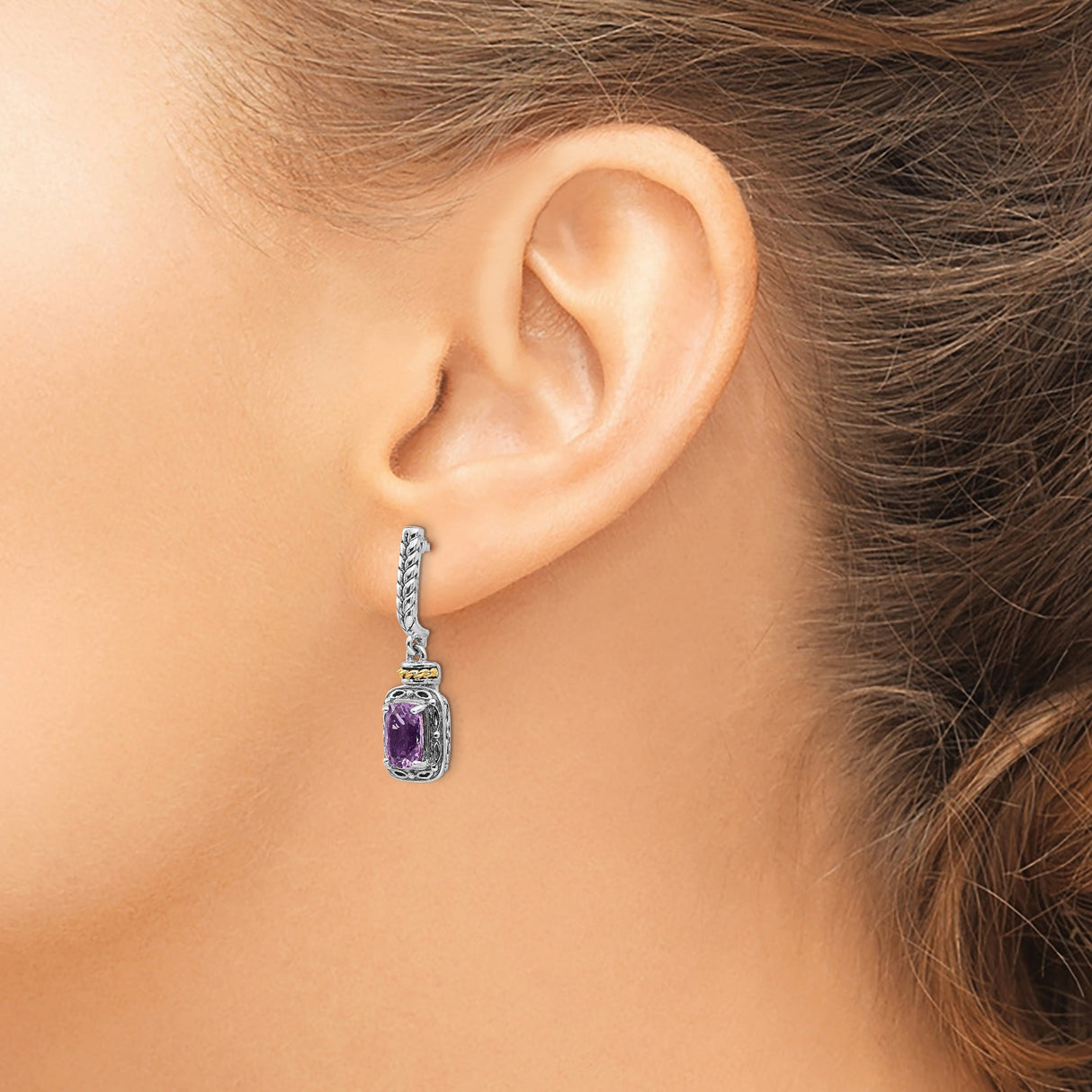 14k Yellow Gold and Sterling Silver Drop Earrings with Amethyst, Rope and Beaded Accents