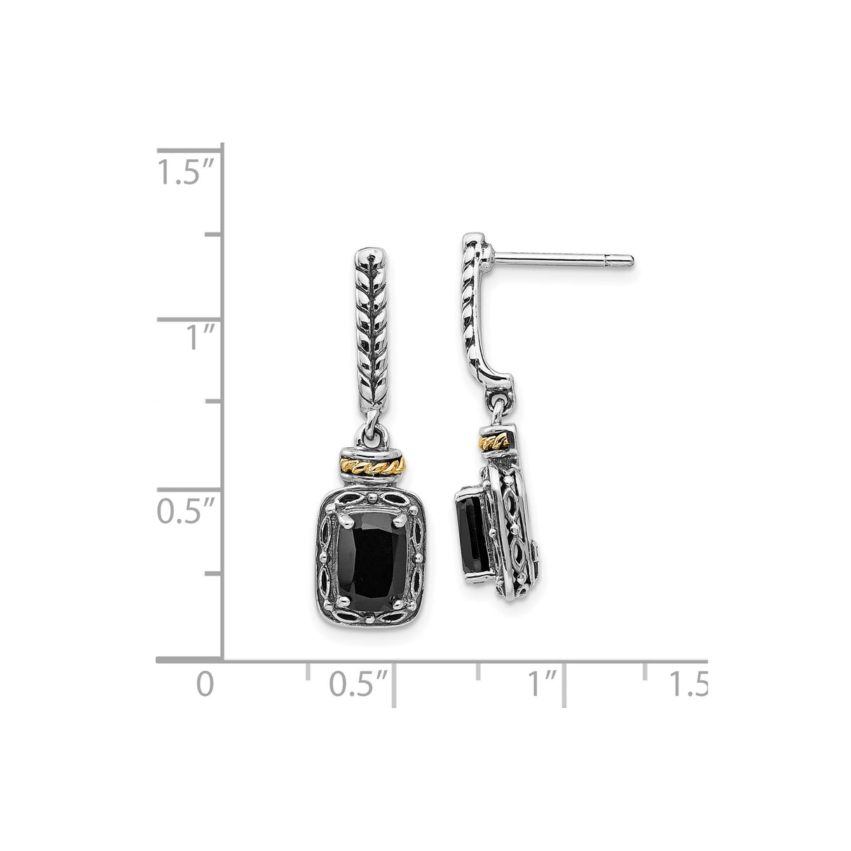 14k Two-Tone Yellow Gold Dangle Earrings with Black Onyx, Vintage Rope Design