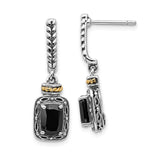 14k Yellow Gold and Sterling Silver Dangle Earrings with Black Onyx, Vintage Rope Design