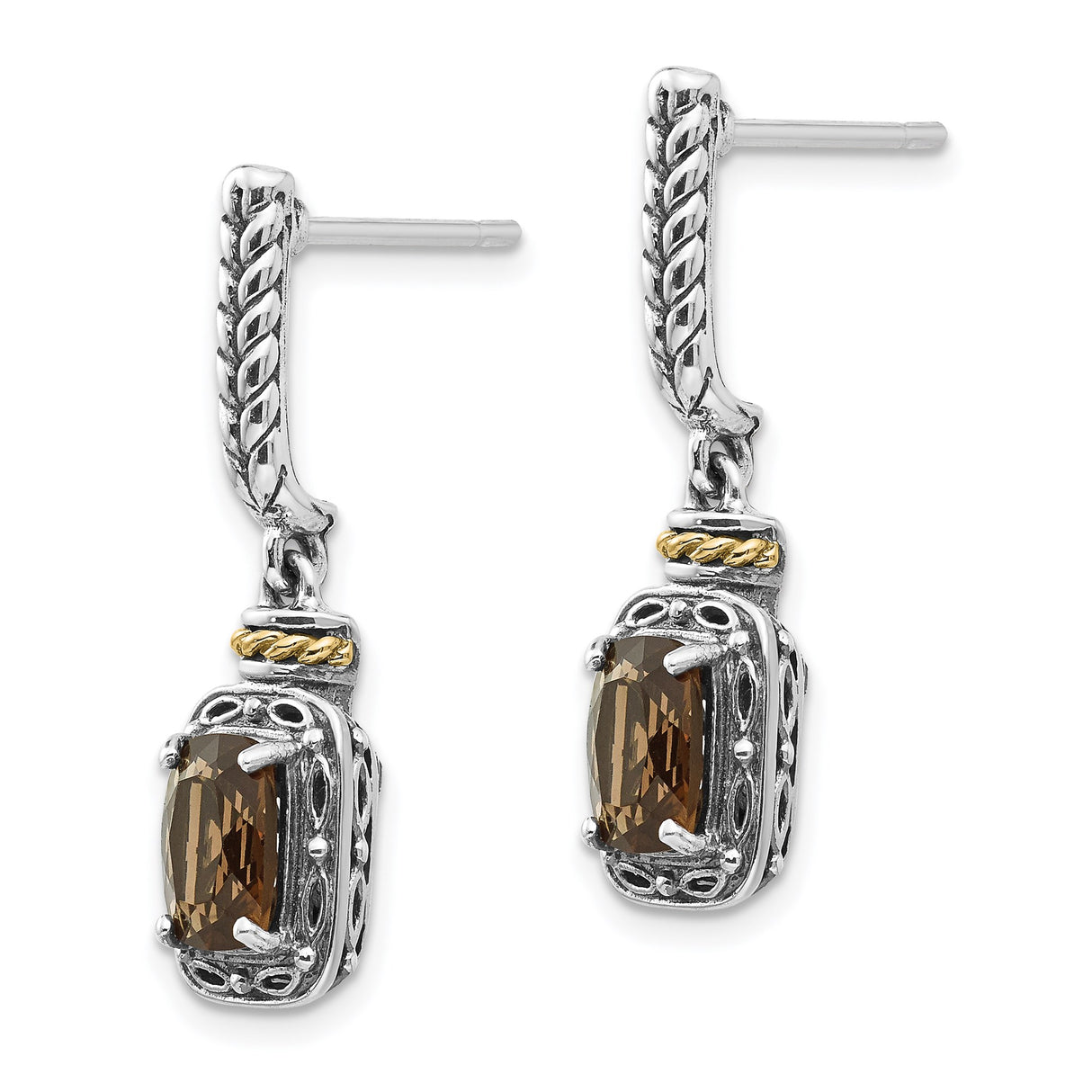 14k Yellow Gold Dangle Earrings with Rectangular Smoky Quartz, Two-Tone Vintage Rope Accents