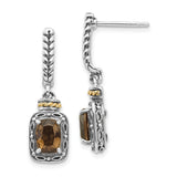 14k Yellow Gold Dangle Earrings with Rectangular Smoky Quartz, Two-Tone Vintage Rope Accents