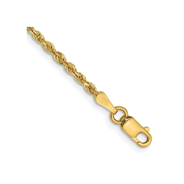 14K Yellow Gold 2 mm Rope Chain Anklet, Polished