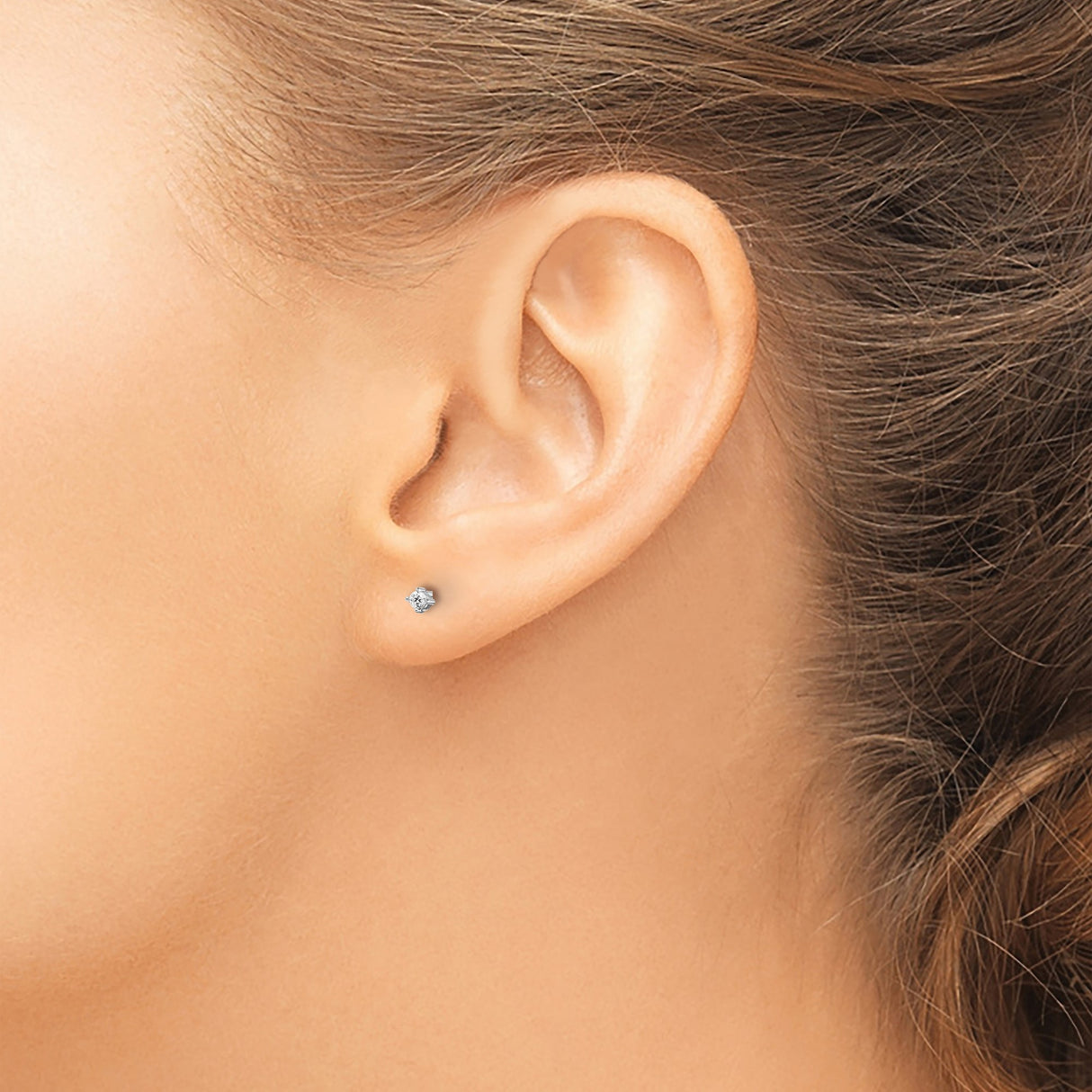Sterling Silver Stud Earrings with Diamond in Four-Prong Setting, Minimalist Round Design