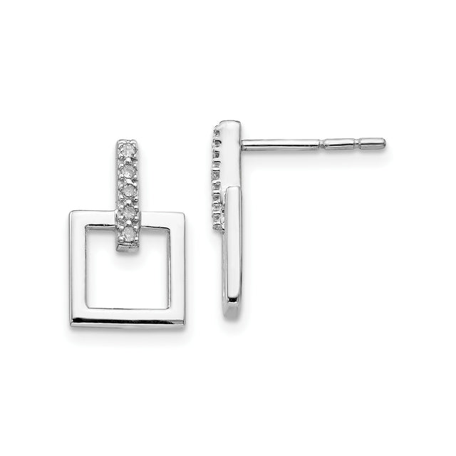 Sterling Silver Drop Earrings with Diamond Accents, Geometric Open Square Design