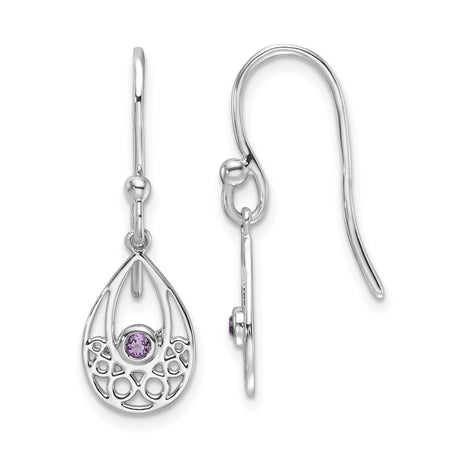 Sterling Silver Dangle Earrings with Amethyst, Teardrop Filigree Cutout and Celtic Motifs