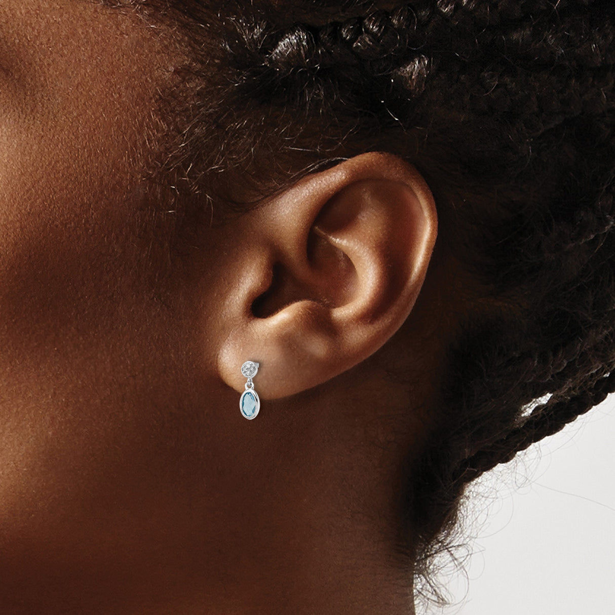 Sterling Silver Dangle Earrings with Swiss Blue Topaz and Diamond Accents, Oval Drop Design