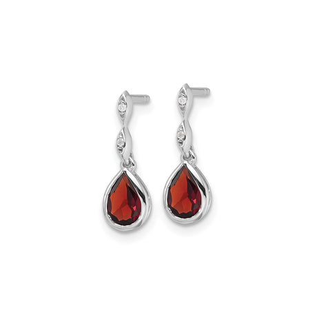 Sterling Silver Dangle Earrings with Pear Shaped Garnet and Diamond Accents, Marquise Design