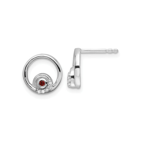 Sterling Silver Stud Earrings with Garnet and Diamond, Open Circle Swirl Design