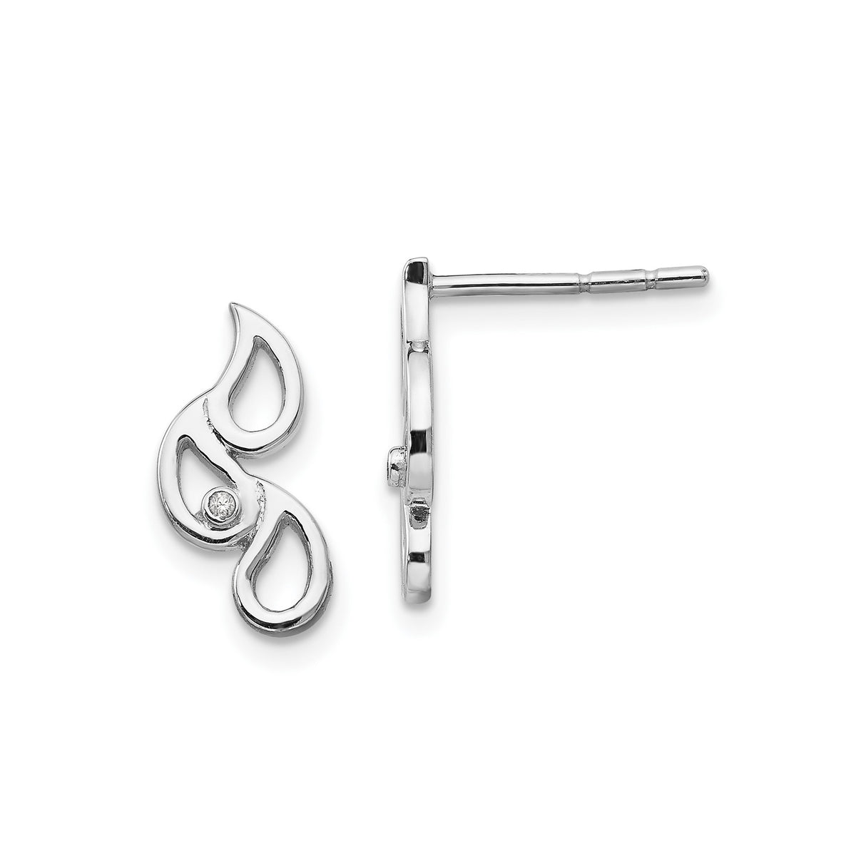 Sterling Silver Stud Earrings with Diamond Accent, Abstract Teardrop Design, Minimalist Style