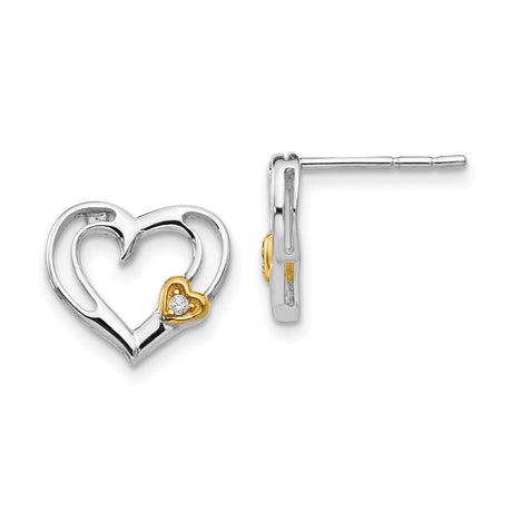 Sterling Silver Heart Stud Earrings with Diamond and Cubic Zirconia Accent