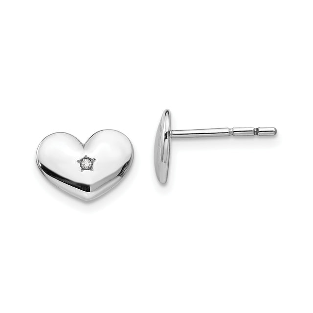 Sterling Silver Heart Stud Earrings with Diamond Accent, Romantic Minimalist Design