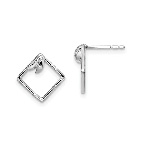Sterling Silver Geometric Stud Earrings with Diamond Shape, Leaf Accent, and Cubic Zirconia