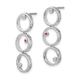 Sterling Silver Drop Earrings with Ruby and Cubic Zirconia, Three Open Circle Geometric Design