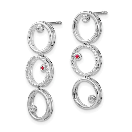 Sterling Silver Drop Earrings with Ruby and Cubic Zirconia, Three Open Circle Geometric Design