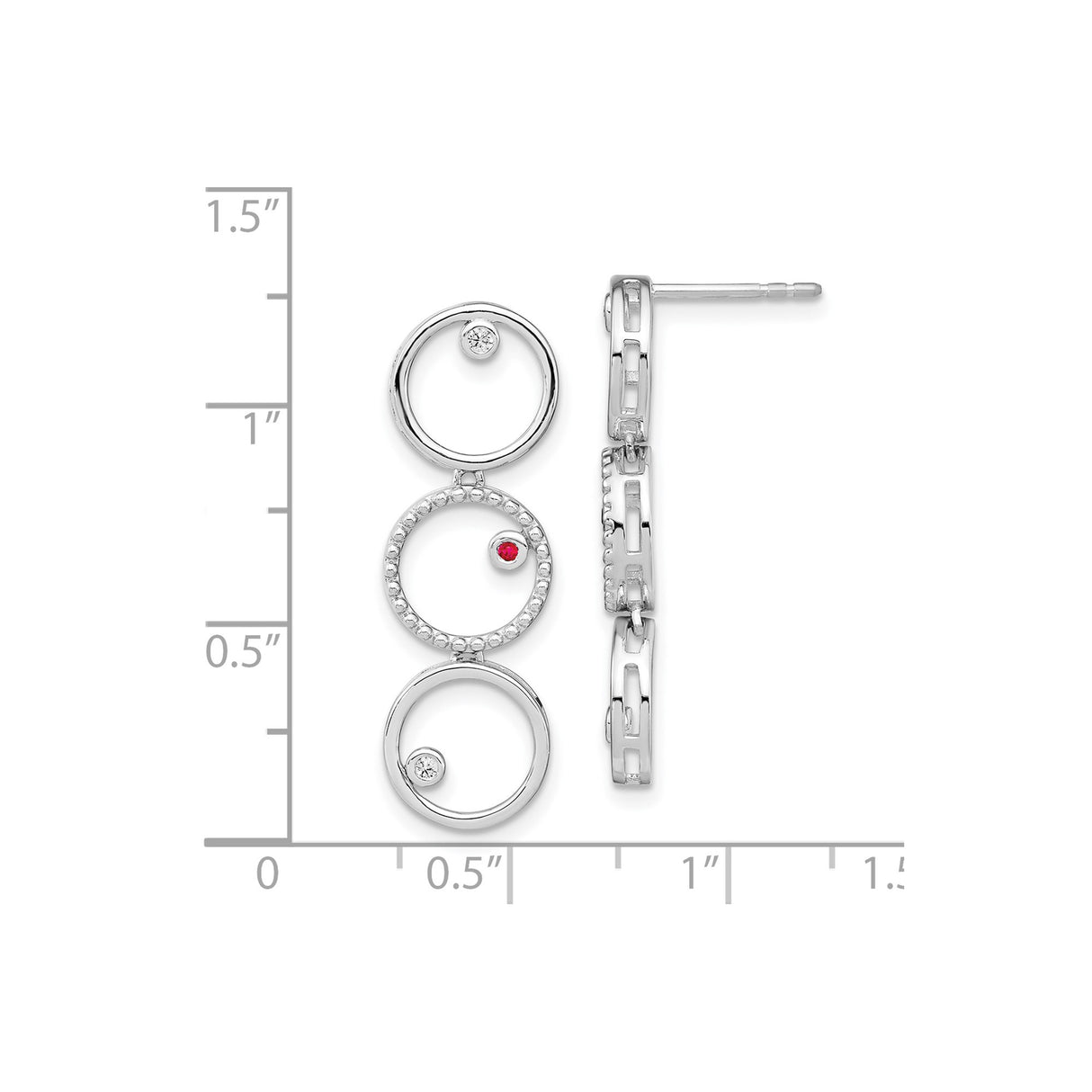 Sterling Silver Drop Earrings with Ruby and Cubic Zirconia, Three Open Circle Geometric Design