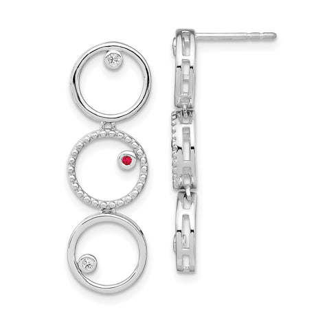 Sterling Silver Drop Earrings with Ruby and Cubic Zirconia, Three Open Circle Geometric Design