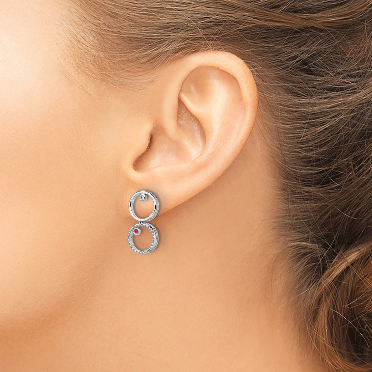 Sterling Silver Dangle Earrings with Ruby and Diamond, Dual Open Circle, Modern Drop Style